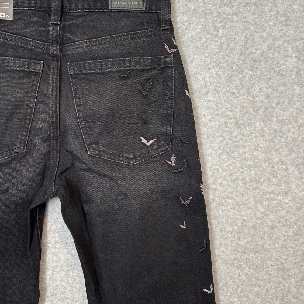 American Eagle Women's 000 Reg Black Denim Jeans‎ High-Rise Bat Embroidered Goth - Picture 7 of 11